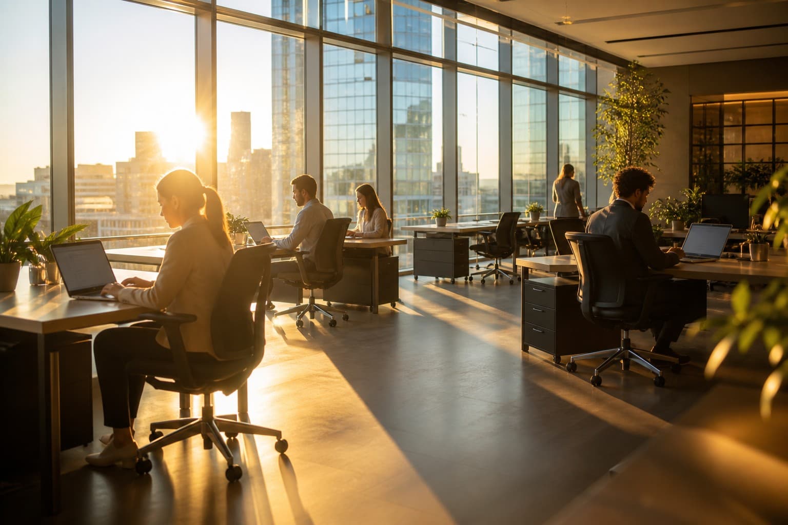 Modern office with glass windows, sunshine, and people working on laptops